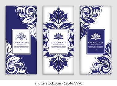Luxury blue packaging design of chocolate bars. Vintage vector ornament template. Elegant, classic elements. Great for food, drink and other package types. Can be used for background and wallpaper.