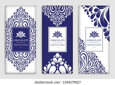 Luxury blue packaging design of chocolate bars. Vintage vector ornament template. Elegant, classic elements. Great for food, drink and other package types. Can be used for background and wallpaper.