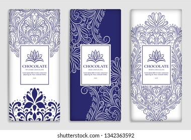 Luxury blue packaging design of chocolate bars. Vintage vector ornament template. Elegant, classic elements. Great for food, drink and other package types. Can be used for background and wallpaper.