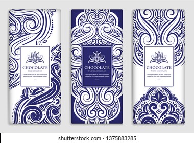 Luxury blue packaging design of chocolate bars. Vintage vector ornament template. Elegant, classic elements. Great for food, drink and other package types. Can be used for background and wallpaper.