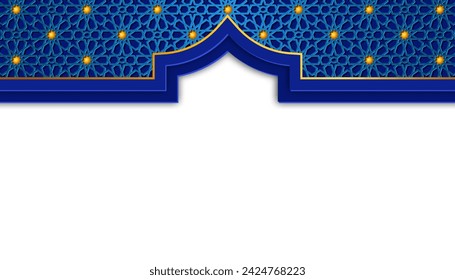 luxury blue pattern Islamic ramadan kareem eid mubarak arabic 3d arch horizontal background banner design illustration. Translation. "Muslim fasting month and celebration day after fasting."
