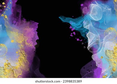 Luxury blue, purple, black, gold abstract background of marble liquid ink art painting on paper. Original artwork watercolor alcohol ink paint. Vector illustration.