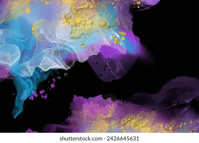 Luxury blue, purple, black, gold abstract background of marble liquid ink art painting on paper. Original artwork watercolor alcohol ink paint. Vector illustration.