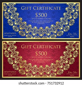 Luxury blue and red gift certificate with rounded golden lace decoration and vintage background