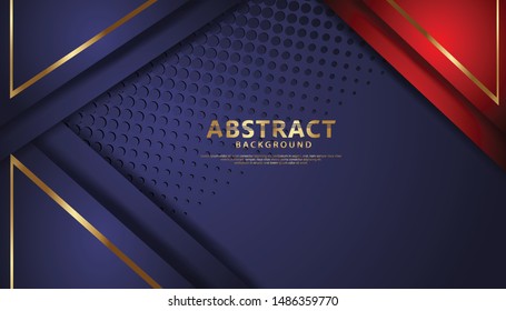 Luxury blue and red overlap layers background with golden line golden effect. Realistic halftone dots on textured dark background