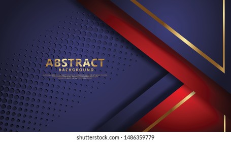 Luxury blue and red overlap layers background with golden line golden effect. Realistic halftone dots on textured dark background