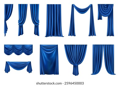 Luxury blue silk velvet curtains and draperies and pelmet for window or theater stage decoration. Vector realistic, interior decoration design ideas, collection of elegant fabric texture