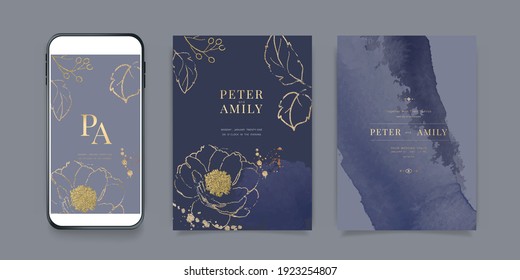 Luxury blue Social Media, mobile  Wedding invite frame templates. Vector background. Invitation mobile Floral with golden collage layout design.