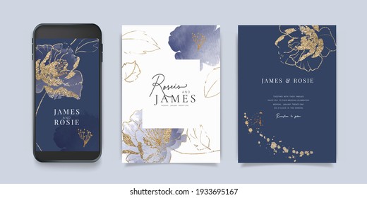 Luxury Blue Social Media, Mobile  Wedding Invite Frame Templates. Vector Background. Invitation Mobile Floral With Golden Collage Layout Design.