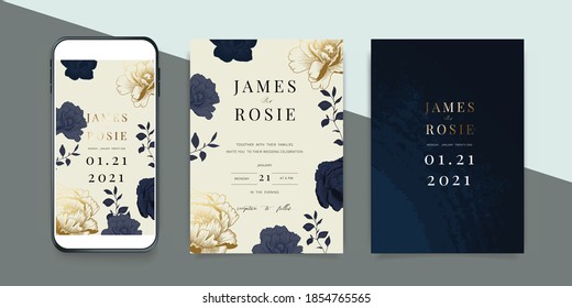 Luxury Blue Social Media Wedding Invite Frame Templates. Vector Background. Mockup For Social Media Banner. Mobile Floral Golden Collage Layout Design.