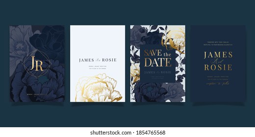 Luxury Blue Social Media Wedding invite frame templates. Vector background. Mockup for social media banner. mobile Floral golden collage layout design.