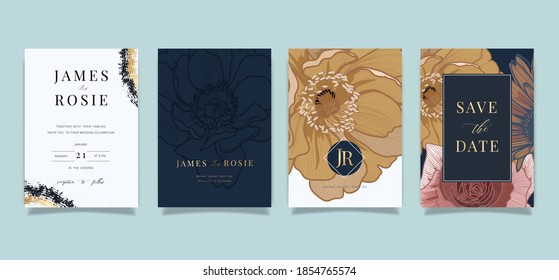 Luxury Blue Social Media Wedding invite frame templates. Vector background. Mockup for social media banner. mobile Floral golden collage layout design.