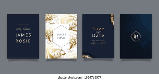 Luxury Blue Social Media Wedding invite frame templates. Vector background. Mockup for social media banner. mobile Floral golden collage layout design.