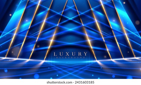 Luxury blue stage background with golden line scene decoration and neon light effect with bokeh elements. Modern art elegant dark backdrop.