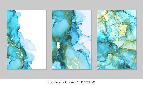 Luxury blue, teal and gold marble abstract background set. Alcohol ink technique vector stone textures. Creative paint in natural colors with glitter. Backdrop for banner, poster, invitation design
