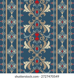 Vetor de papel de parede azul de luxo com pergaminhos barrocos verticais e motivos florais simétricos. Elegante padrão vitoriano para decoração interior premium.