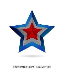 luxury blue,silver and red gradient star logo with shadow isolated on white background