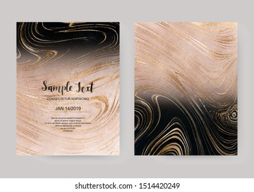 Luxury blurred coral and black acrylic celebration invitation cards with gold marble texture.