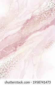 Luxury blush pink abstract acrylic fluid art painting, alcohol ink technique, mix rose paints. Imitation of marble stone cut surface, glowing golden veins. Tender soft dreamy design in vector 