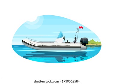 Luxury boat with engine semi flat vector illustration. Premium ship with motor engine. Fast boat for maritime trip. Nautical cruise and relaxation. Speedboat 2D cartoon object for commercial use