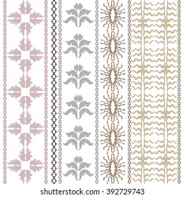 Luxury bohemian patterns constructed from hand drawn geometric elements. Abstract floral borders, damask leaves, thin stripes, sun symbol, art deco lines. Art deco textile collection. Golden on white.