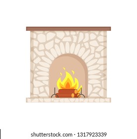 Luxury bonfire, flame and logs, home interior furniture piece. Stone fireplace with burning firewoods, granite bonfire hearth vector isolated icon