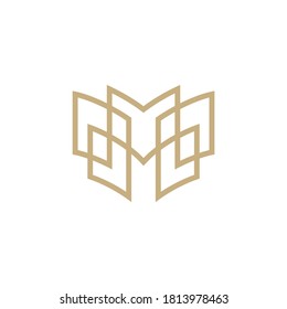 Luxury book logo with line art style in gold color. Library and education logo template