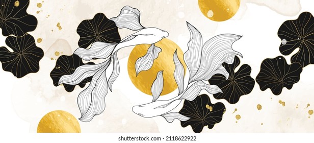 Luxury botanic   fish in line art style background  Watercolor wallpaper and gold  black  white shades shiny sun  lotus leaves   siamese fighting fish  Sketch vector for prints   wall arts 