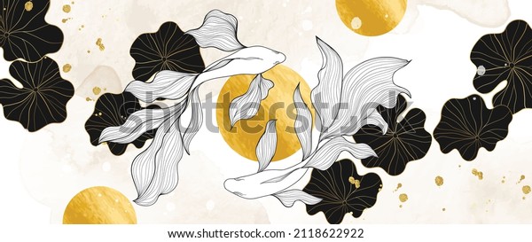 Luxury botanic and fish in line art style\
background. Watercolor wallpaper with gold, black, white shades of\
shiny sun, lotus leaves and siamese fighting fish. Sketch vector\
for prints and wall\
arts.