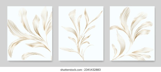 Luxury botanical abstract art background with golden leaves hand drawn in line style. Vector set for decoration design, print, textile, poster, wallpaper, interior design.