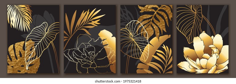 Luxury botanical art background. Tropical leaves, flowers gold wallpaper. Modern chic mural design with shiny, glitter texture. Composition for packaging, card, poster print, cover, brochure. 