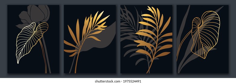 Luxury botanical art background. Tropical leaves, flowers gold wallpaper. Modern chic mural design with shiny, glitter texture. Composition for packaging, card, poster print, cover, brochure. 