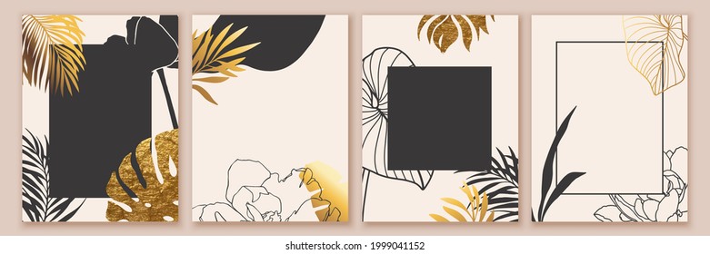 Luxury botanical art background. Tropical leaves, flowers gold wallpaper. Modern chic mural design with shiny, glitter texture. Composition for packaging, card, poster print, cover, brochure. 