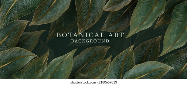 Luxury botanical art background with tropical green leaves with golden elements in line style. Design with tree leaves for decoration, print, wallpaper, invitations