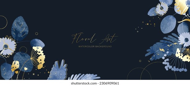 Vector de fondo de arte botánico de lujo. Ramas de hojas de color agua dibujadas a mano, flor, añil, azul. Ilustración de diseño para papel pintado, banner, impresión, afiche, portada, saludo y tarjeta de invitación.