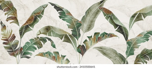 Luxury botanical art background in watercolor style with tropical leaves with line elements. Vector banner with exotic plants for decoration, print, wallpaper, textile, interior.