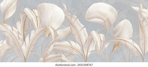 Luxury botanical art background with white leaves of tropical plants with golden line elements. Vector banner with exotic plants for decoration, print, wallpaper, textile, interior.