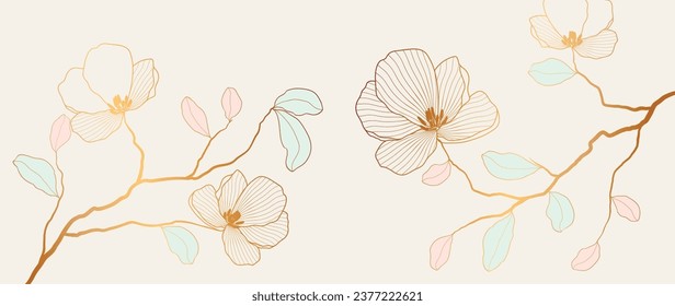 Luxury botanical art vector illustration. Floral golden artistic branches, Elegant golden cherry blossom. Illustration for decoration, postcard, fabric, invitation, packaging.	