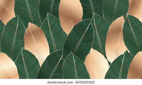 Luxury botanical background with green and gold leaves