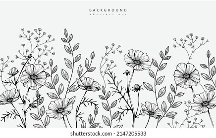 Luxury botanical background with trendy greenery and minimalist flowers for wall decoration or wedding. Hand drawn line herb, elegant leaves for invitation save the date card. Botanical rustic trendy 