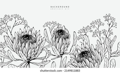 Luxury botanical background with trendy greenery and protea flowers for wall decoration or wedding. Hand drawn line herb, elegant leaves for invitation save the date card. Botanical rustic trendy gree