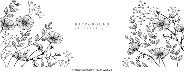 Luxury botanical background with trendy greenery and minimalist flowers for wall decoration or wedding. Hand drawn line herb, elegant leaves for invitation save the date card. Botanical rustic