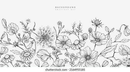 Luxury botanical background with trendy greenery and pea flowers. Vintage foliage for wedding invitation, wall art or card template. Minimal line art drawing. Vector