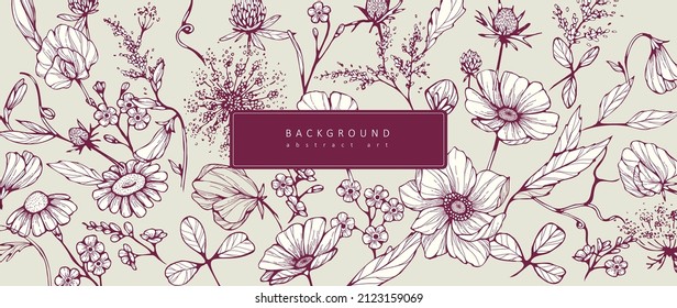 Luxury botanical background with trendy wildflowers and minimalist flowers for wall decoration or wedding. Hand drawn line herb, elegant leaves for invitation save the date card. Botanical rustic