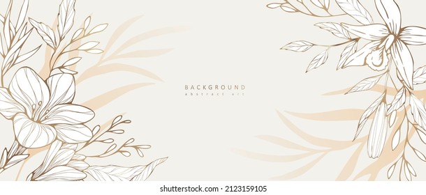 Lujoso fondo botánico con flores silvestres de moda y flores minimalistas para la decoración de las paredes o la boda. Hierba de la línea dibujada a mano, hojas elegantes para invitación, guardar la tarjeta de fecha. Rústico botánico