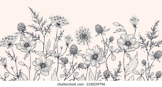 Luxury botanical background with trendy wildflowers and minimalist flowers for wall decoration or wedding. Hand drawn line herb, elegant leaves for invitation save the date card. Botanical rustic - Shutterstock ID 2130259796