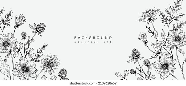 Luxury botanical background with trendy wildflowers and minimalist flowers for wall decoration or wedding. Hand drawn line herb, elegant leaves for invitation save the date card. Botanical rustic - Shutterstock ID 2139628659