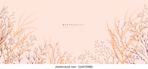 Luxury botanical background with trendy wildflowers and minimalist flowers for wall decoration or wedding. Hand drawn line herb, elegant leaves for invitation save the date card. Botanical rustic