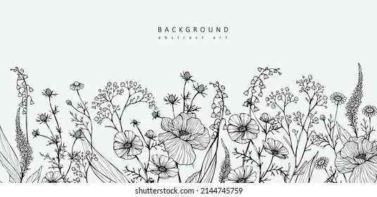 Luxury botanical background with trendy wildflowers and minimalist flowers for wall decoration or wedding. Hand drawn line herb, elegant leaves for invitation save the date card. Botanical rustic