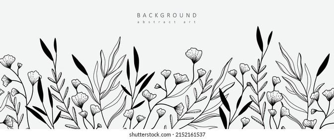 Luxury botanical background with trendy wildflowers and minimalist flowers for wall decoration or wedding. Hand drawn line herb, elegant leaves for invitation save the date card. Botanical